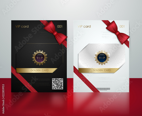 Vector black and white plastic vip card presentation golden frame. Membership or discount card. Luxury club ticket silver coupon. Vip jewel card on glossy background. Gift card voucher red bow ribbon.