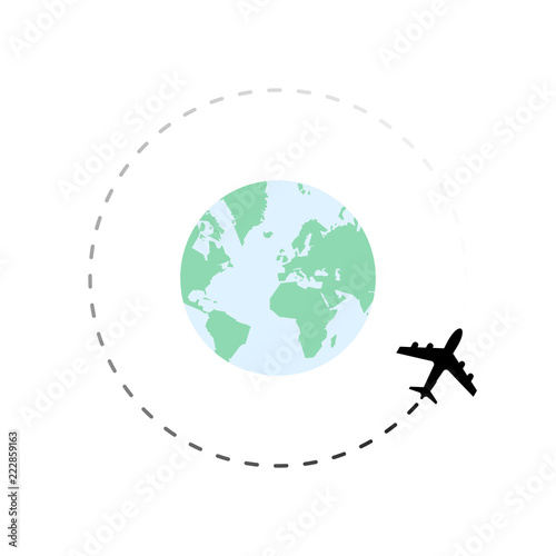 Travel route around globe with airplane.