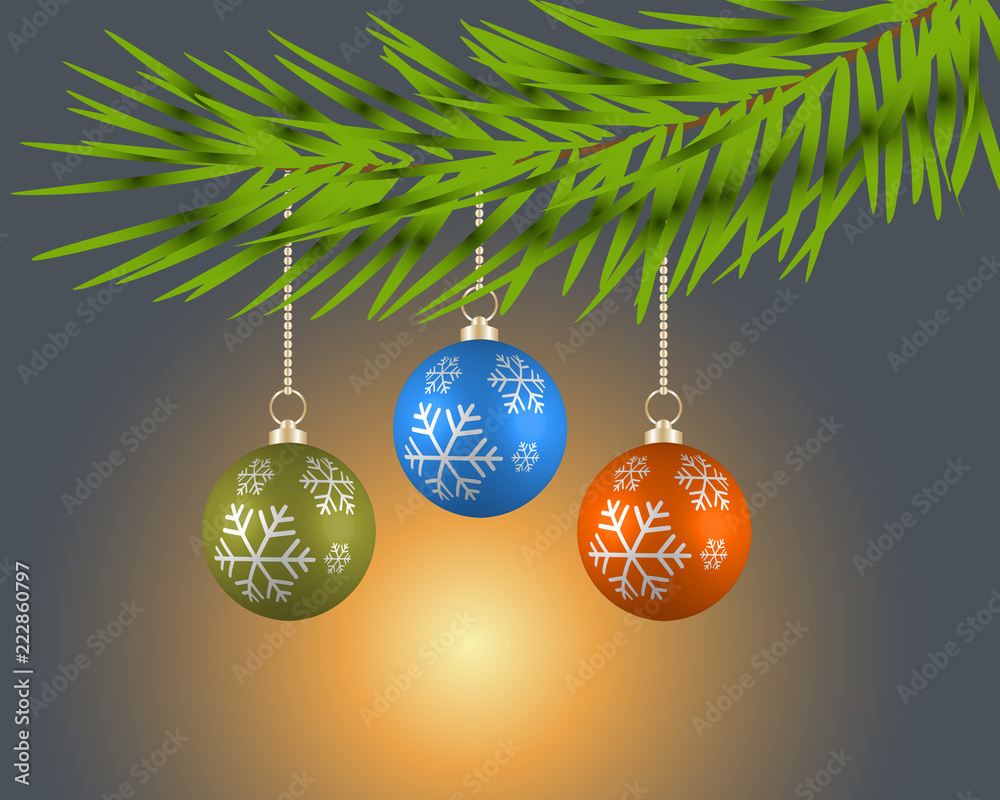 Christmas tree with colorful balls on a blue background.