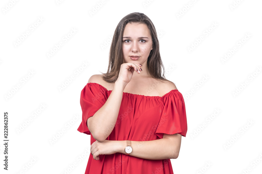 Portrait of beautiful woman in red blouse with hand near chin, isolated on white background Portrait of beautiful woman in red blouse with hand near chin, isolated on white background