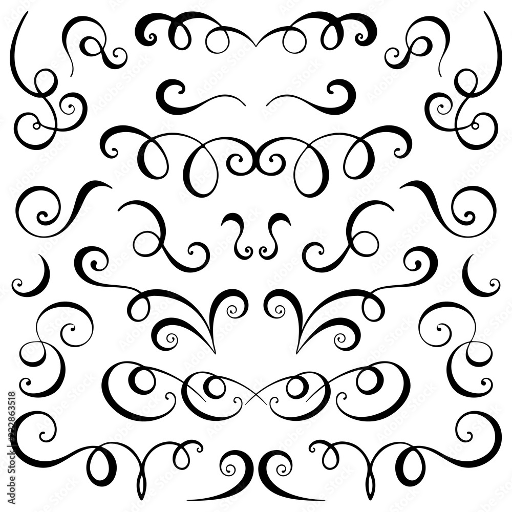  Vintage decorative curls and swirls set. Hand drawn vector illustration design elements.