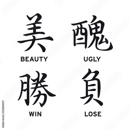 Chinese symbols beauty ugly win lose vector set