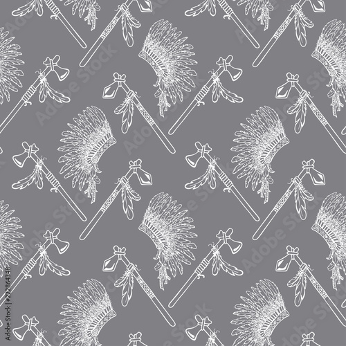 War bonnet, Tomahawk, feather birds. Ethnic seamless pattern vector illustration.
