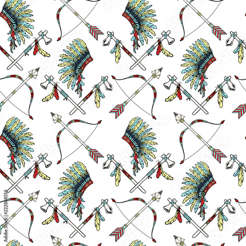   War bonnet, Tomahawk, feather birds, Indian bow, arrows. Ethnic seamless pattern vector illustration.