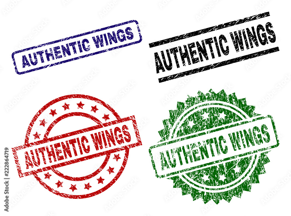AUTHENTIC WINGS seal imprints with corroded surface. Black, green,red,blue vector rubber prints of AUTHENTIC WINGS title with corroded surface. Rubber seals with round, rectangle, medal shapes. AUTHENTIC WINGS seal imprints with corroded surface. Black, green,red,blue vector rubber prints of AUTHENTIC WINGS title with corroded surface. Rubber seals with round, rectangle, medal shapes.