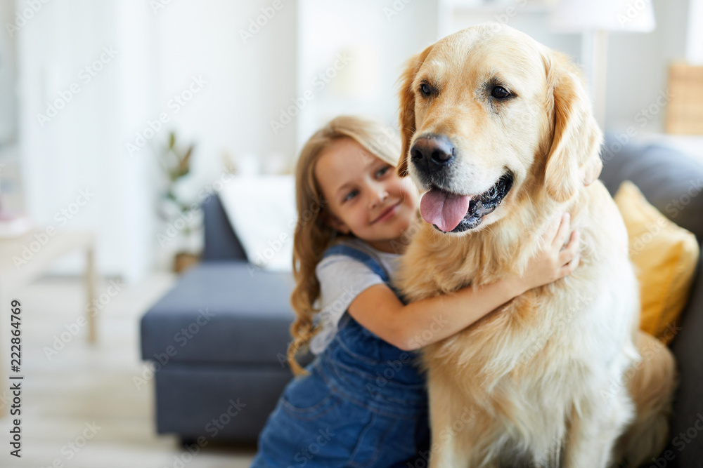 Young purebred labrador and his little friend embracing him at home Young purebred labrador and his little friend embracing him at home