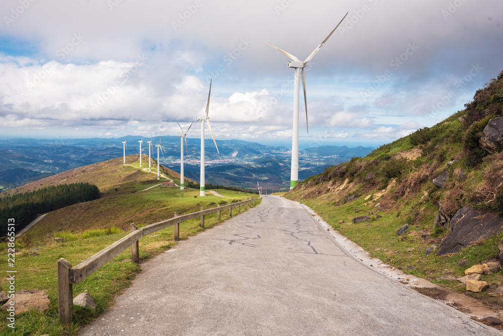 Renewable energy. Wind turbines, eolic park in scenic landscape of basque country, Spain. Renewable energy. Wind turbines, eolic park in scenic landscape of basque country, Spain.