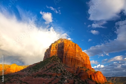 Courthouse Butte Rock Feature and Dramatic Sunset Sky Landscape near Oak Creek Village in West Sedona Arizona United States