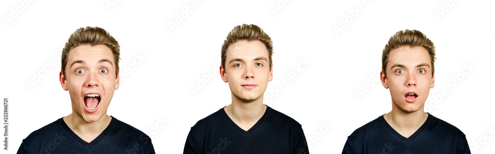 Set from portraits of young guy with pompadour hairstyle isolated on white background. Set from portraits of young guy with pompadour hairstyle isolated on white background.