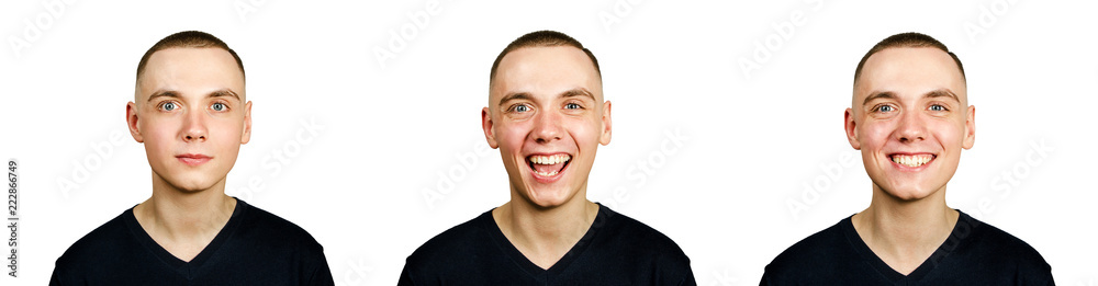 Set from portraits of young guy with short haircut isolated on white background. Set from portraits of young guy with short haircut isolated on white background.