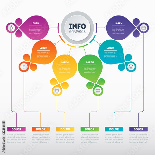 Business presentation concept with 6 options. Web Template of a sales pipeline, purchase funnel, info chart or diagram. Vector infographic of technology or education process with 6 steps.