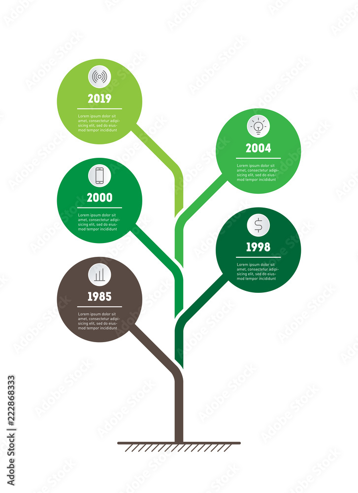 Vertical Time line infographics. Tree of development and growth of the eco business. Timeline of Social tendencies and trends graph. Business concept with 5 options, parts, steps or processes. Vertical Time line infographics. Tree of development and growth of the eco business. Timeline of Social tendencies and trends graph. Business concept with 5 options, parts, steps or processes.