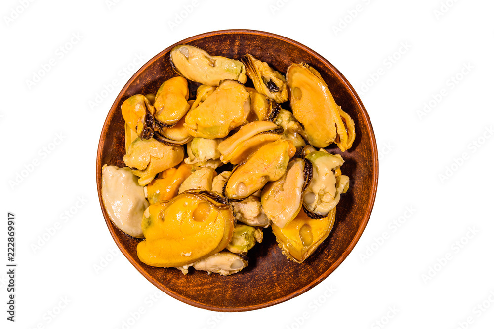 Ceramic plate with prepared mussels isolated on a white background Ceramic plate with prepared mussels isolated on a white background