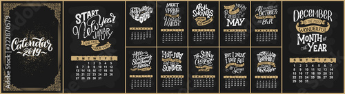 Vector calendar for months 2 0 1 9. Hand drawn lettering quotes for calendar design. Hand drawn style