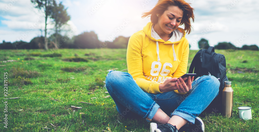 smile woman holding in female hands gadget technology, tourist young girl text message on background green grass using mobile smartphone, hiker enjoy recreation, online wifi internet lifestyle concept smile woman holding in female hands gadget technology, tourist young girl text message on background green grass using mobile smartphone, hiker enjoy recreation, online wifi internet lifestyle concept