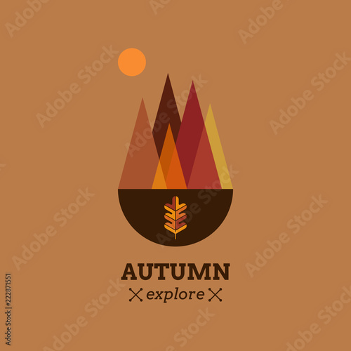 Autumn mountains minimal vector graphic with autumn colors and explore text. Fall badge.