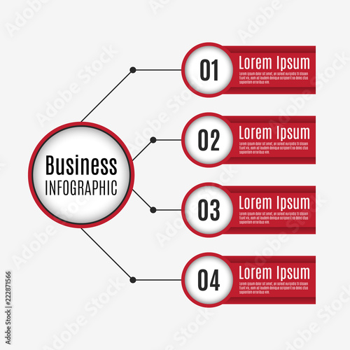 Red four step business infographics with modern design and connection lines.