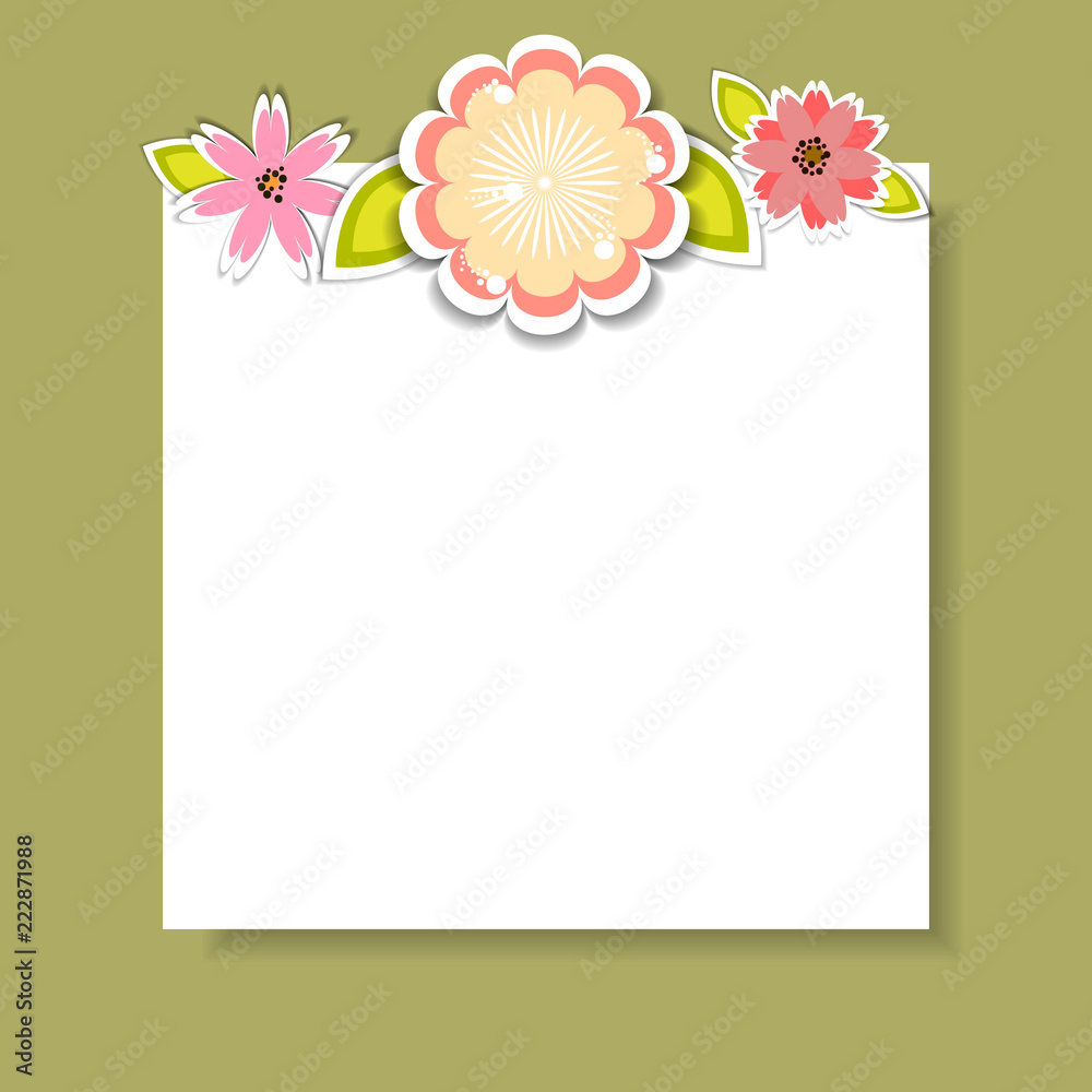 Obraz premium Template for postcard, invitation, card with flowers and leaves,white frame with floral decorative elements