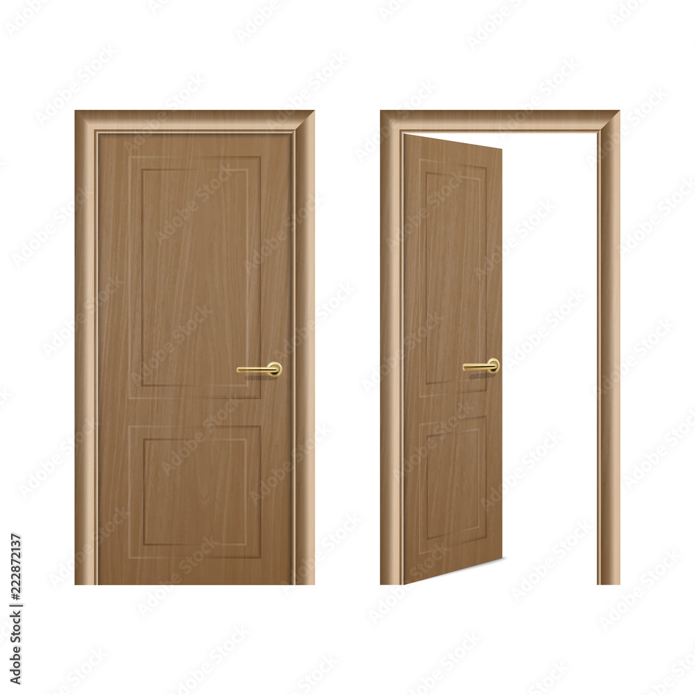 Vector realistic different opened and closed brown wooden door icon set closeup isolated on white background. Elements of architecture. Design template for graphics, Front view Vector realistic different opened and closed brown wooden door icon set closeup isolated on white background. Elements of architecture. Design template for graphics, Front view