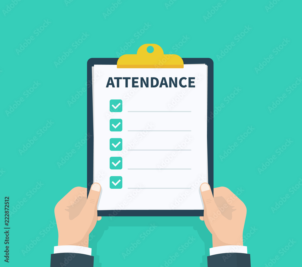 Man hold Attendance clipboard with checklist. Questionnaire, survey, clipboard, task list. Flat design, vector illustration on background. Man hold Attendance clipboard with checklist. Questionnaire, survey, clipboard, task list. Flat design, vector illustration on background.