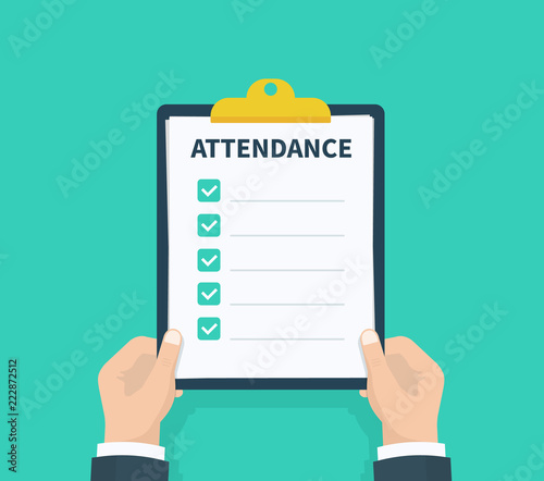 Man hold Attendance clipboard with checklist. Questionnaire, survey, clipboard, task list. Flat design, vector illustration on background. photo