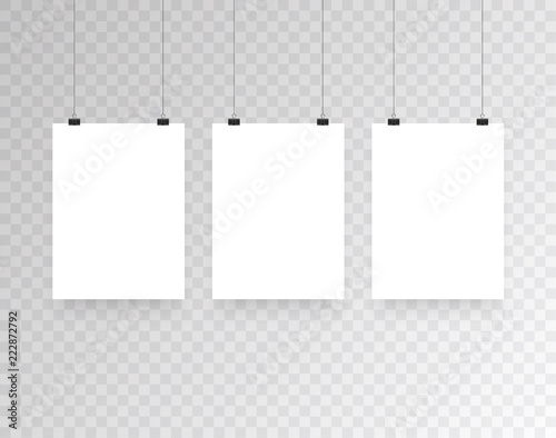 Blank hanging photo frames or poster templates isolated on transparent background. Photo picture hanging, frame paper gallery portfolio illustration vector