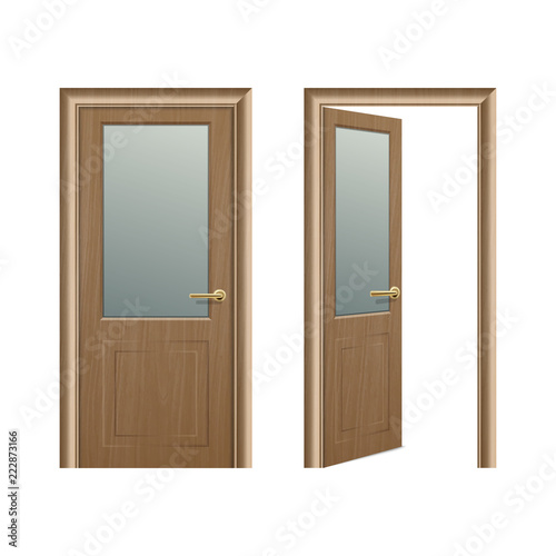 Fototapeta Naklejka Na Ścianę i Meble -  Vector realistic different opened and closed brown wooden door icon set closeup isolated on white background. Elements of architecture. Design template for graphics, Front view