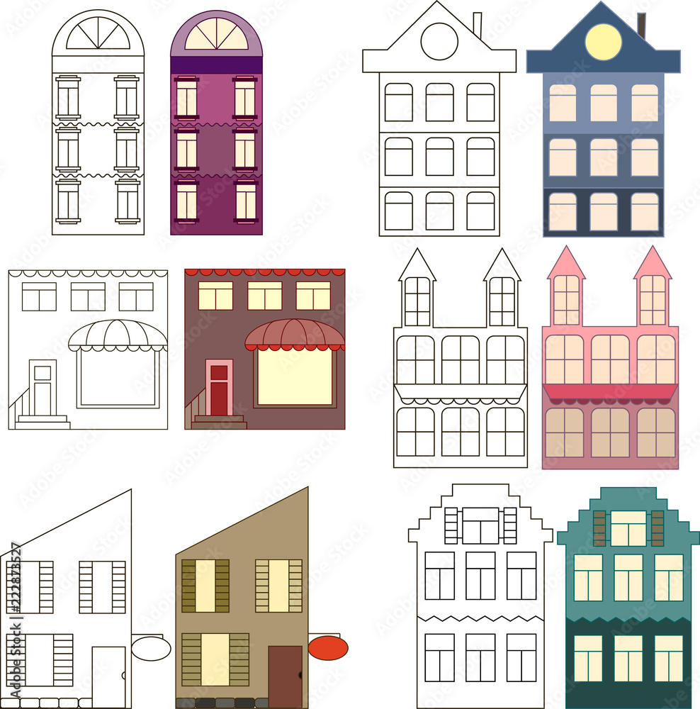 Set of outlined and colored houses, separated vector illustration