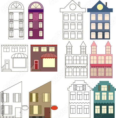 Set of outlined and colored houses, separated vector illustration