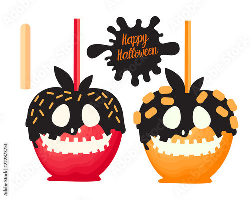 Red and orange Apple with chocolate Sweet candy on sticks. Happy Halloween dessert. Vector illustration on white background.