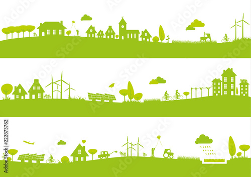 Green city landscape banners. Town borders set.
