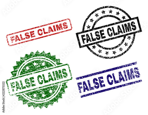 FALSE CLAIMS seal imprints with corroded surface. Black, green,red,blue vector rubber prints of FALSE CLAIMS caption with corroded surface. Rubber seals with round, rectangle, medal shapes.