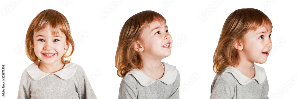 Set from portraits of little baby girl isolated on a white background.