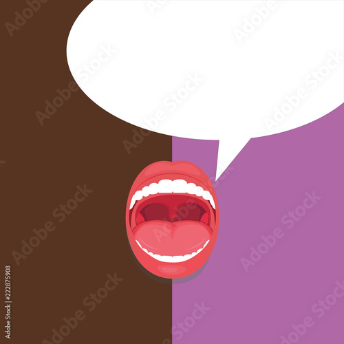 Flat design business Vector Illustration creative concept template copy space text for Ad website promotion esp isolated. Open Mouth Expressive Surprise Gaping Red Lips Teeth Blank Speech Bubble