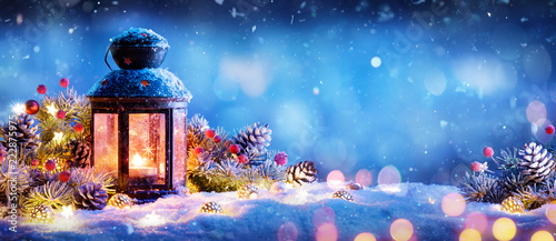 Christmas Decoration - Lantern With Ornament On Snow
 photo