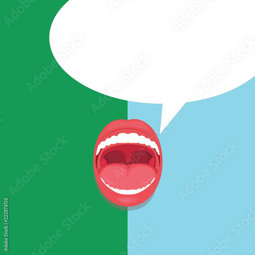 Flat design business Vector Illustration concept copy text for esp Web banners promotional material mock up template. Open Mouth Expressive Surprise Gaping Red Lips Teeth Blank Speech Bubble