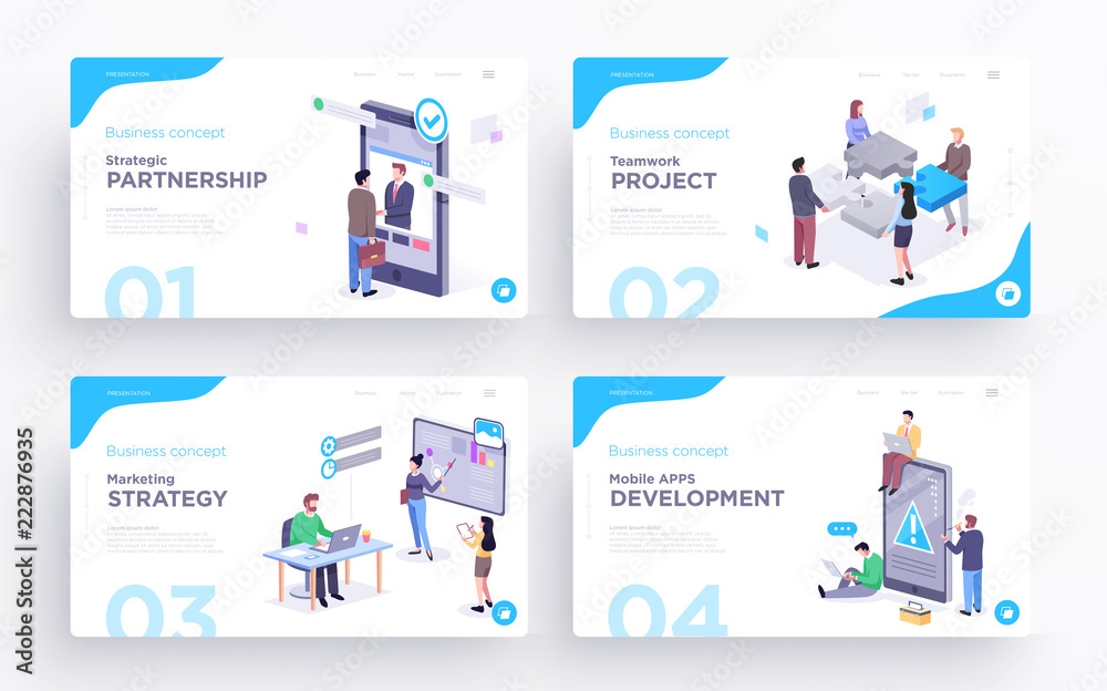 Presentation slide templates or hero banner images for websites, or apps. Business concept illustrations. Modern flat style Presentation slide templates or hero banner images for websites, or apps. Business concept illustrations. Modern flat style