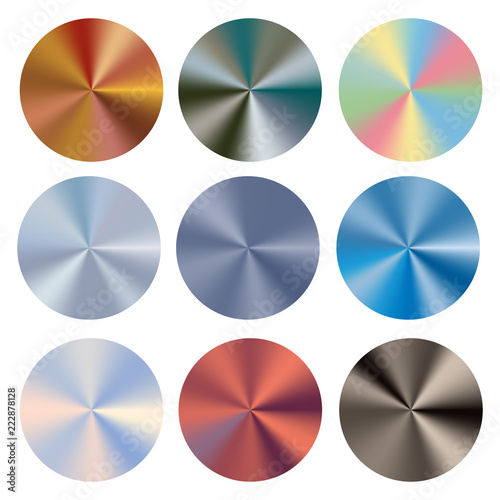 Set conical gradients. Vector radial glossy background. Texture of foil, metal.