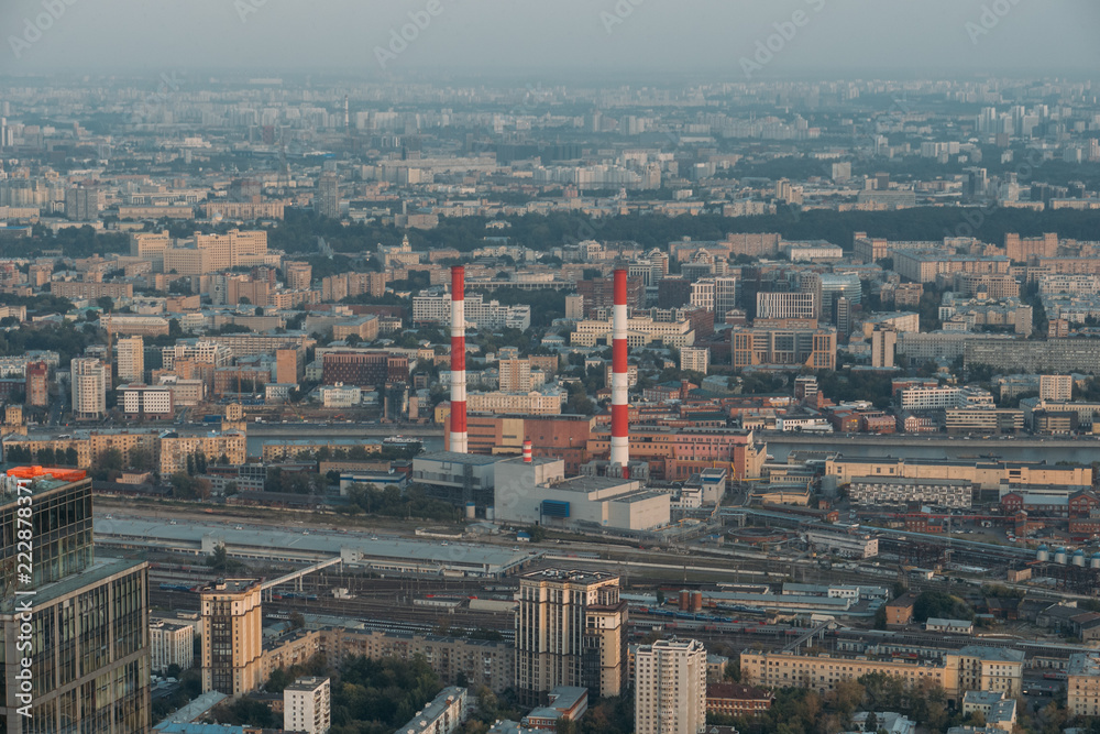 Panoramic Aerial View of Big City Moscow from above at twilight time