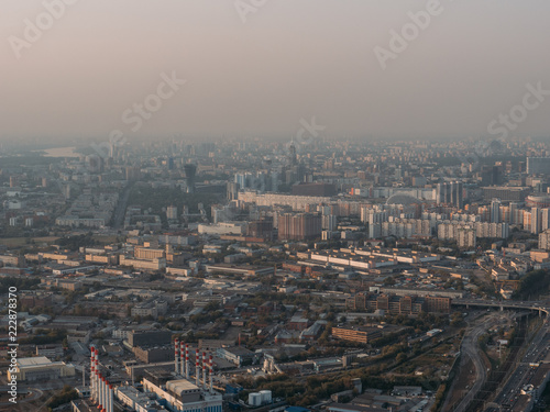 Panoramic Aerial View of Big City Moscow from above at twilight time