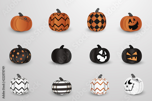 Set of Realistic vector Halloween spooky, creepy pumpkins with different faces, spider web isolated. Cartoon Pumpkin lantern. Scary Jack. Happy face .Modern halloween symbol and decoration.