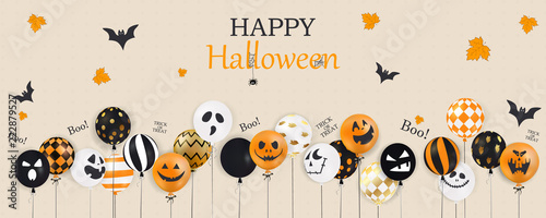 Happy Halloween. Trick or treat. Boo. Scary air balloons. Holiday concept with halloween glitter confetti ghost balloons funny faces for banner, website, poster, greeting card, party invitation.