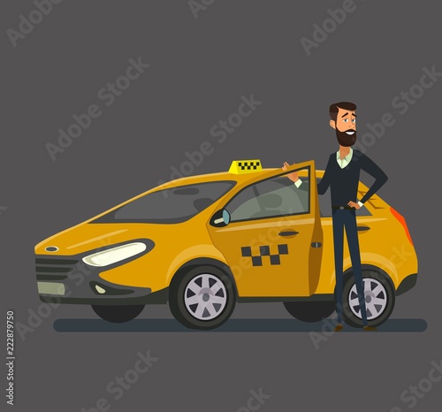 Smiling young taxi driver near his car.Taxi service.