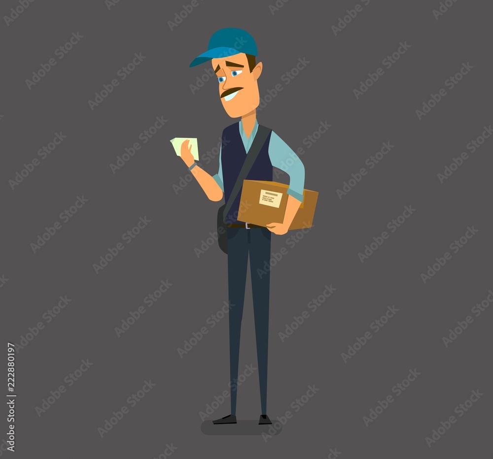 Courier in cap with package, parcel. Postal, mail service..