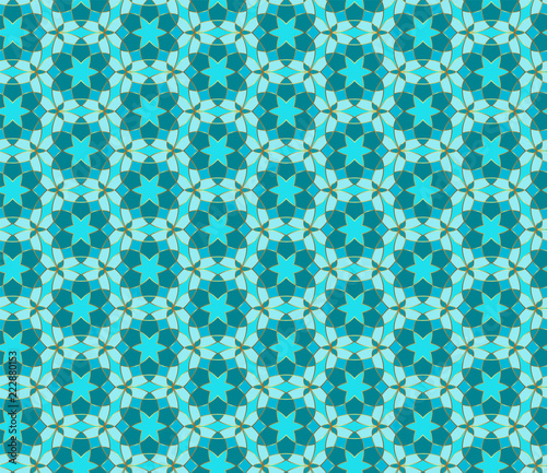 Floral seamless lace pattern. Geometric mosaic background. Mint green  blue and gold kaleidoscope. Oriental ornament.