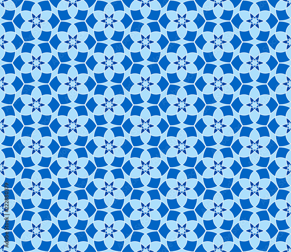 Fototapeta premium Geometric seamless pattern. Mix blue and white kaleidoscope. Oriental ornament mosaic background. Azulejos tiles.Vector template for invitations, greeting cards, fabric, wallpapers.