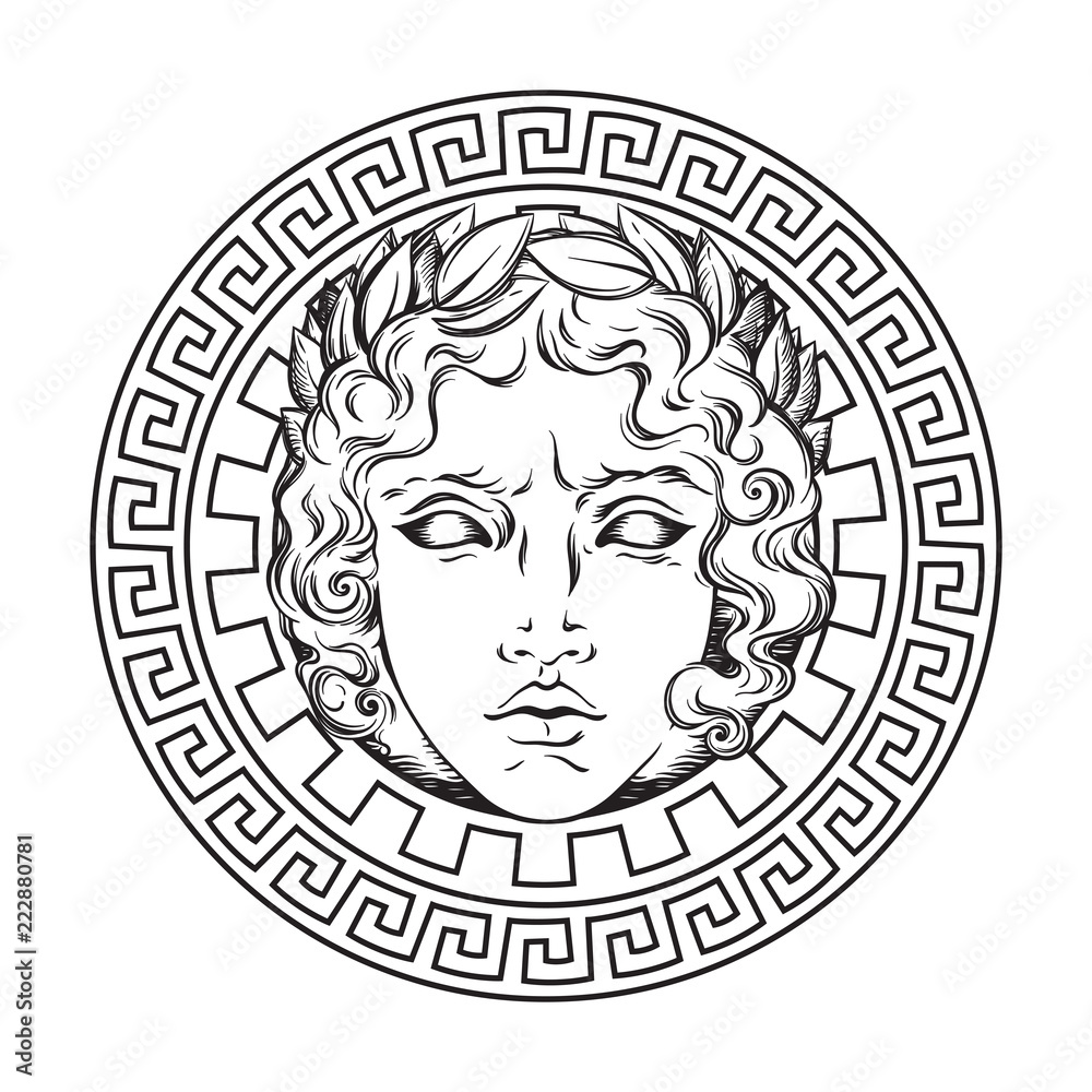 Greek and roman god Apollo. Hand drawn antique style logo or print design art vector illustration.