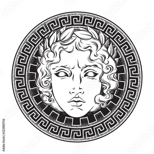 Greek and roman god Apollo. Hand drawn antique style logo or print design art vector illustration.