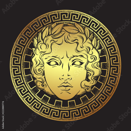 Greek and roman god Apollo. Hand drawn antique style logo or print design art vector illustration.
