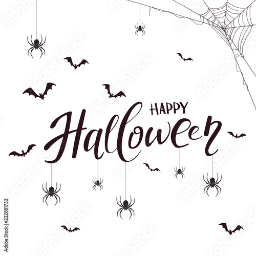 Lettering Happy Halloween with spiders and bats on white background